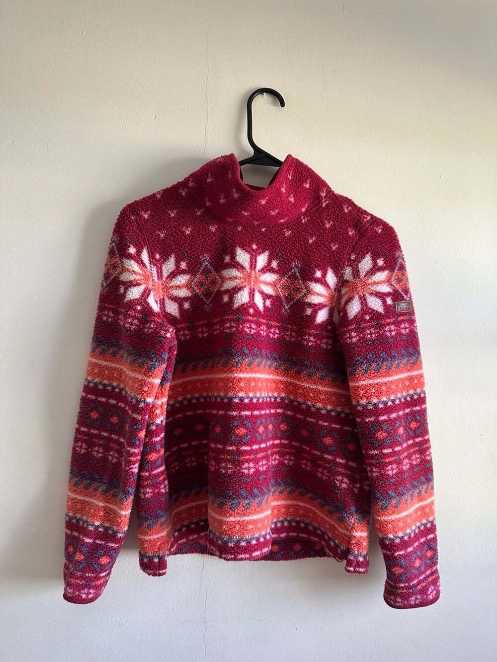 L.L.Bean Sherpa Fleece Pullover Fair Isle Snowflake Red Pink XS Petite